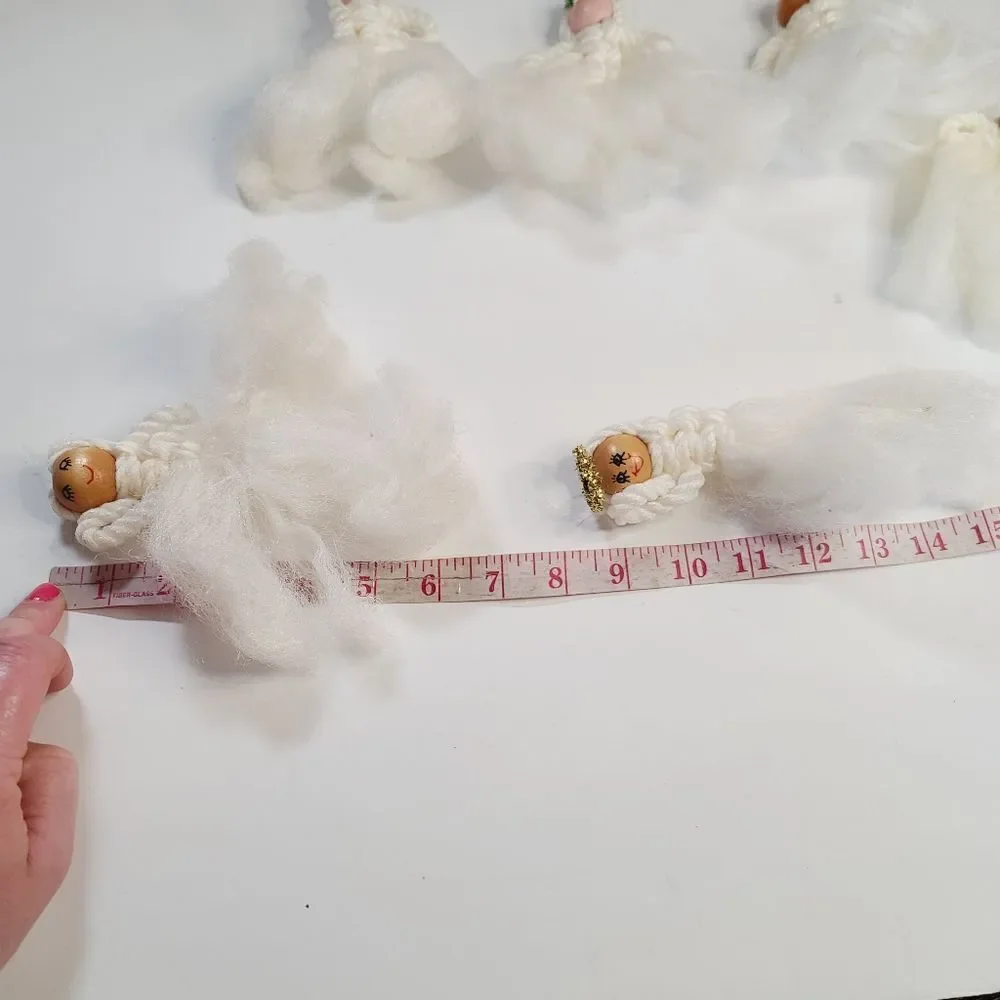 Vintage Macrame Wood Fluffy Angel Ornament Lot of 6